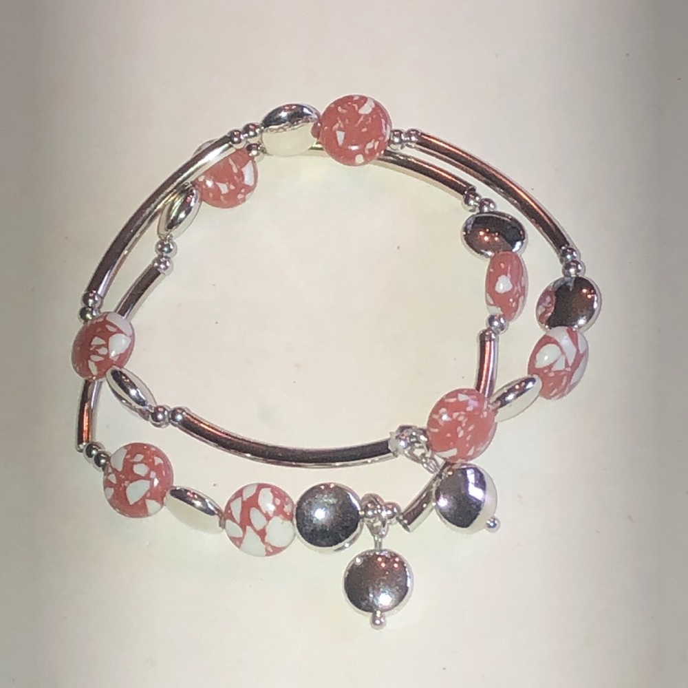 Pink and White Beaded Boho Silver Tone Bracelet Set